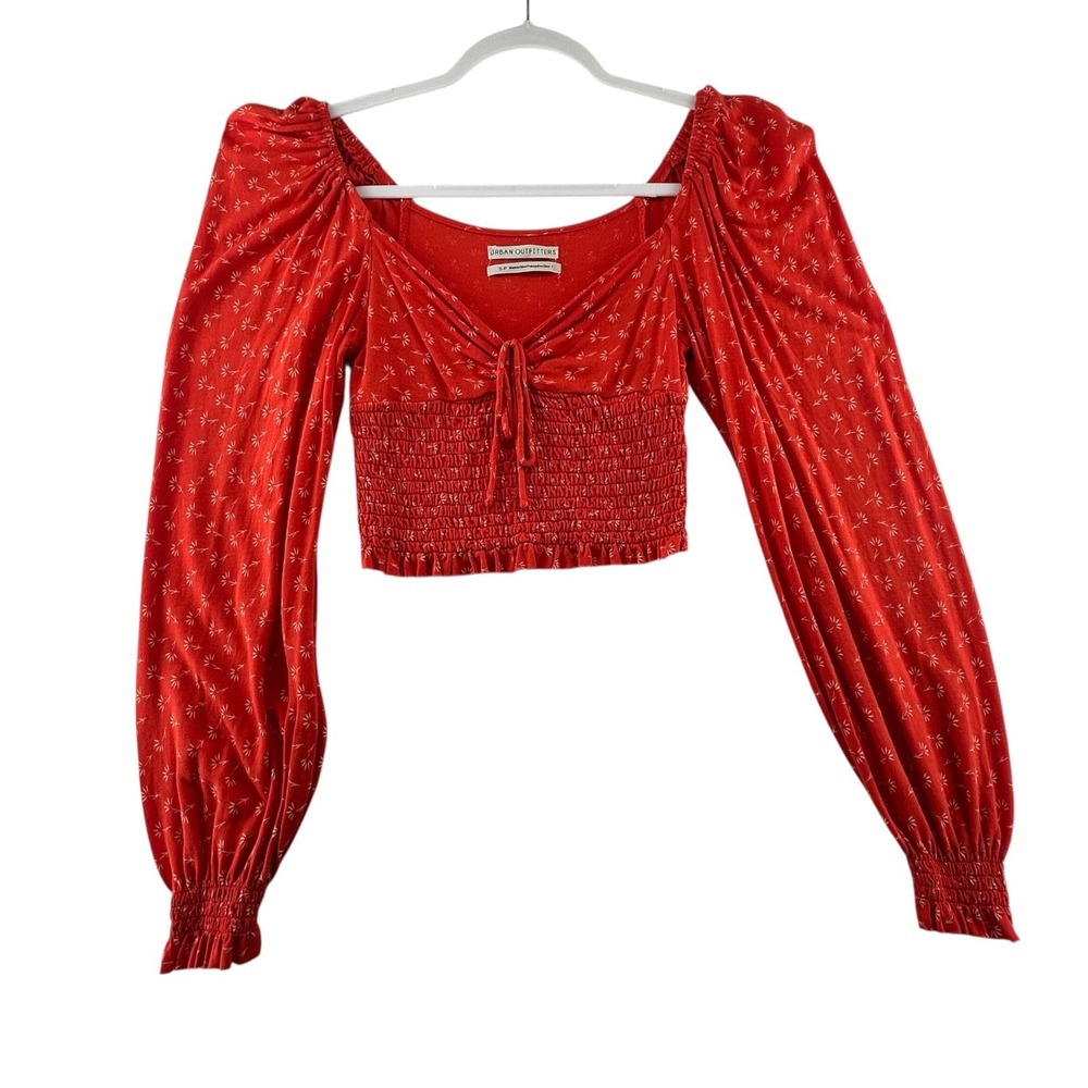 Urban Outfitters Smocked Crop Top Womens Small Orange Floral Puff Sleeve Boho